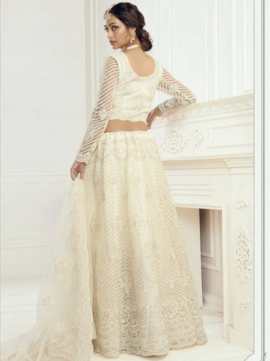 Off White Heavy Thread Coding Work Net Bridal Lehenga Choli